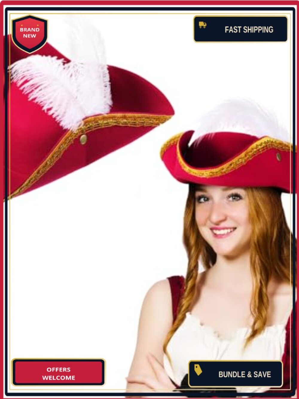 Tricorn Pirate Hat with Feathers Polyester Faux Suede Costume Accessory